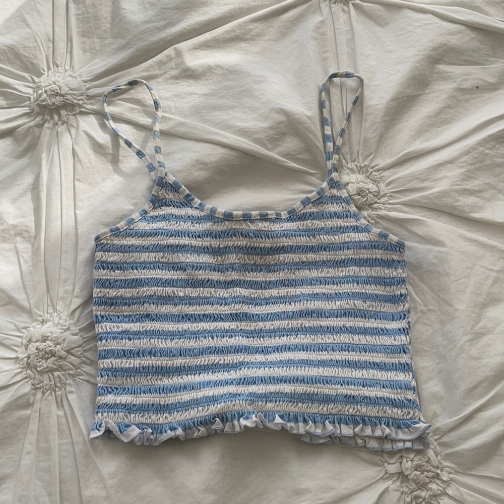BLUE AND WHITE RUFFLED CROP TOP
